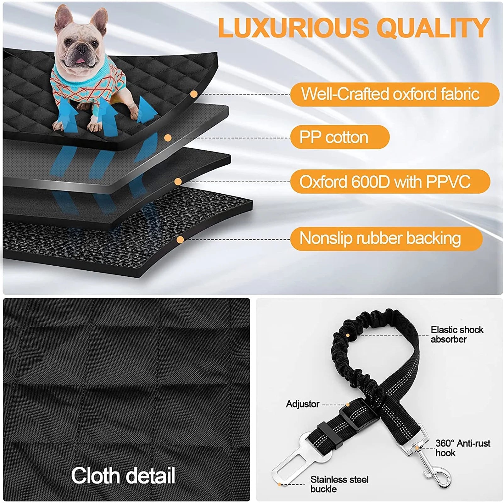 Pet Dog Car Seat Cover for Back Seat Car Seat Waterproof Protector with 2 Pet Dogs Seat Belts - Black